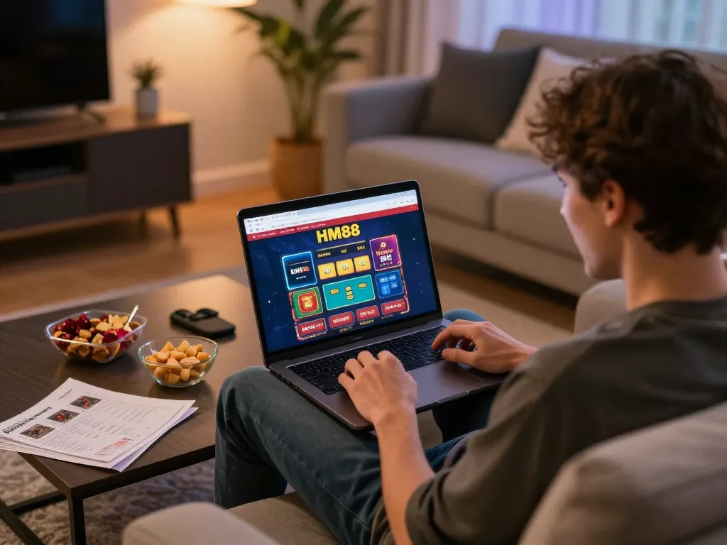 Engaged user playing on nhà cái HM88 online casino interface during a cozy gaming session at home.