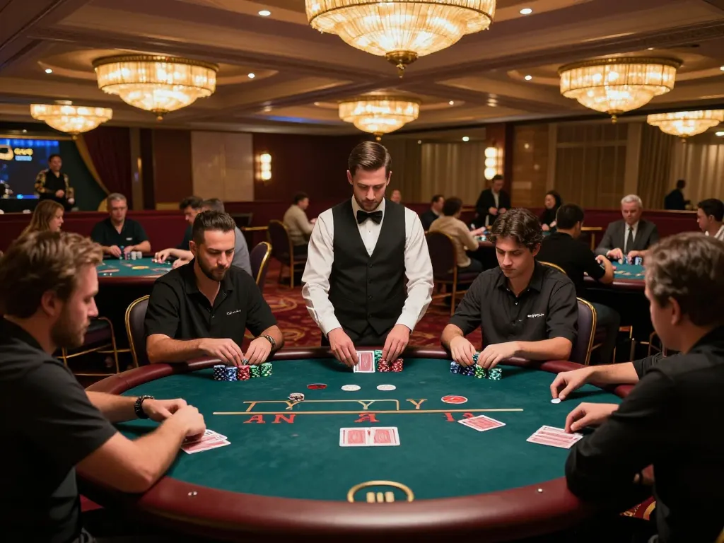 Players enjoying poker at F8betz casino, vibrant atmosphere with dealers and chips