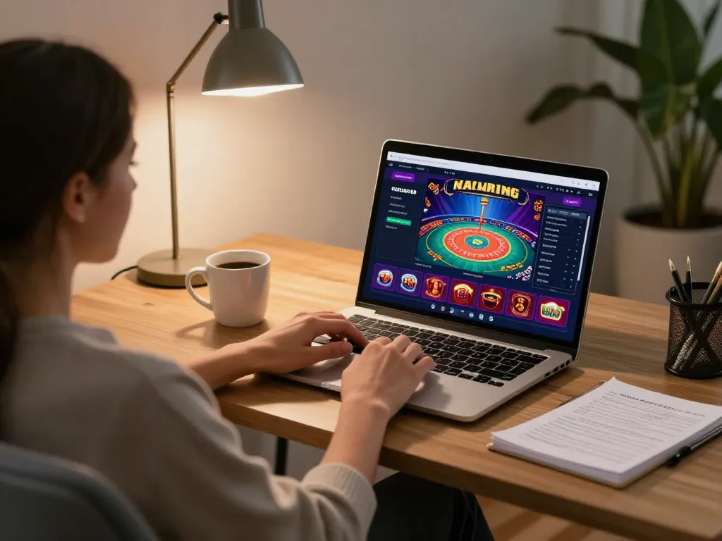 Engaging home gaming scene showing link luck8 on a laptop for casino gameplay.