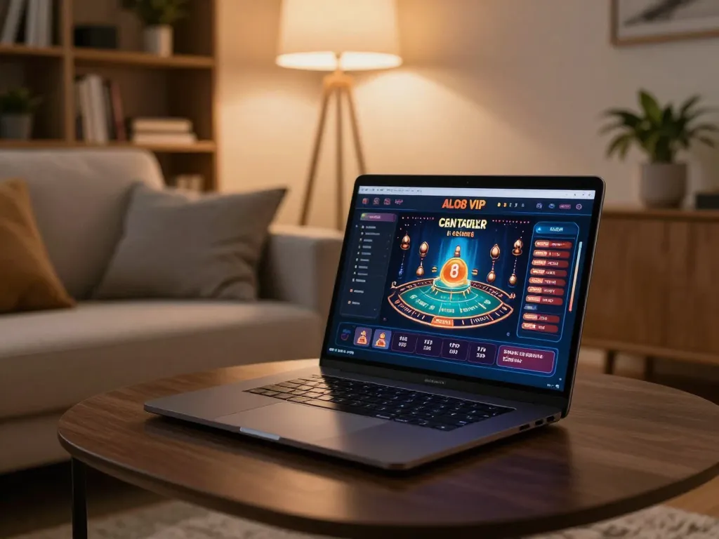 Play ALO8 VIP online casino with a stylish gaming setup featuring a laptop and cozy atmosphere.