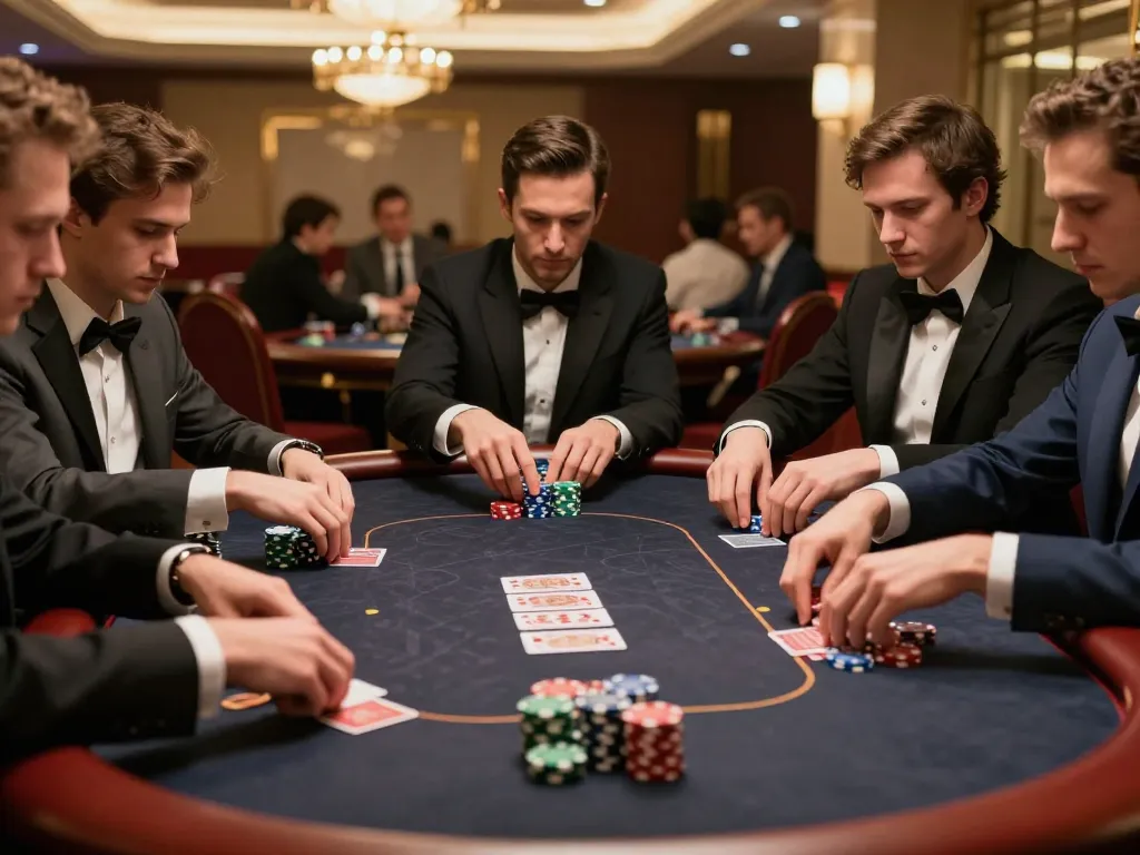Players engaging in S666 poker strategy, intense focus and stacked chips illuminate the casino atmosphere.