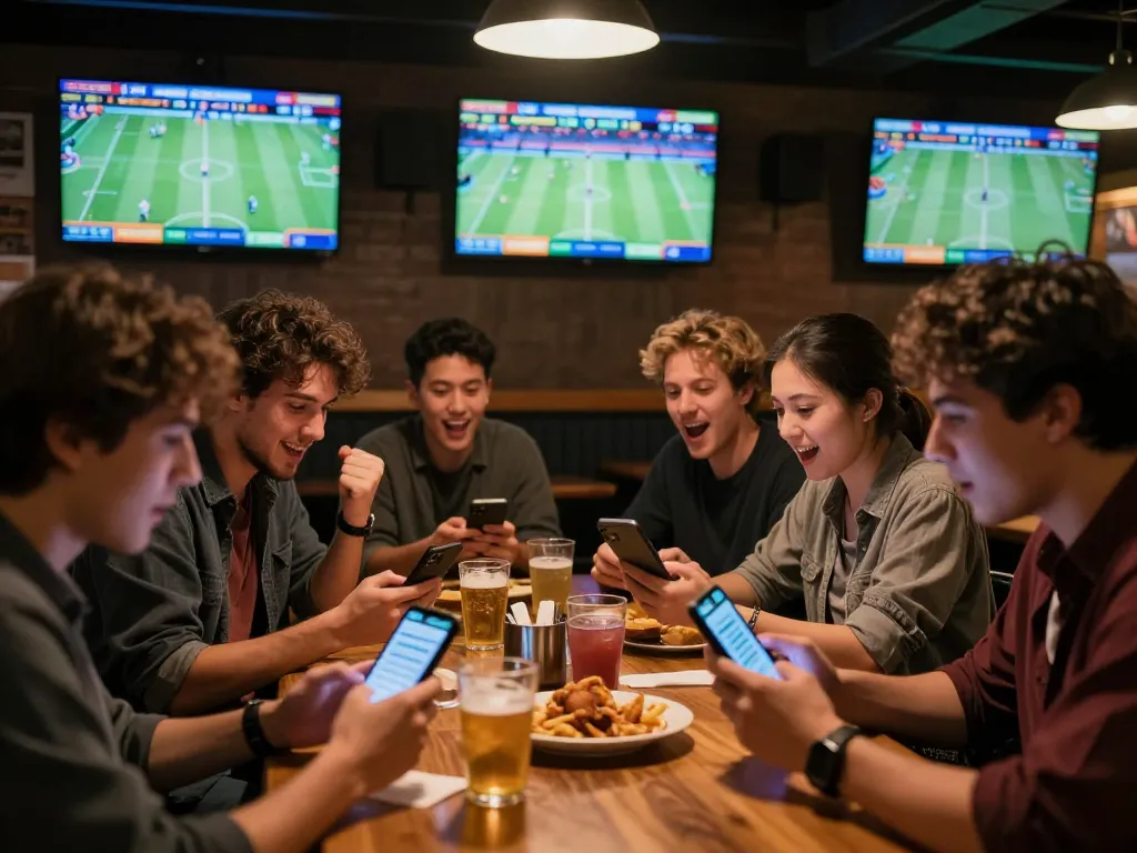 Engaged fans placing bets with thể thao mb66 apps during live sports events, showcasing excitement and strategy.