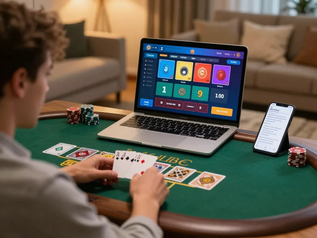 Engaging in a GO8 online blackjack game with a live dealer in a cozy home setting, showcasing strategic gameplay.