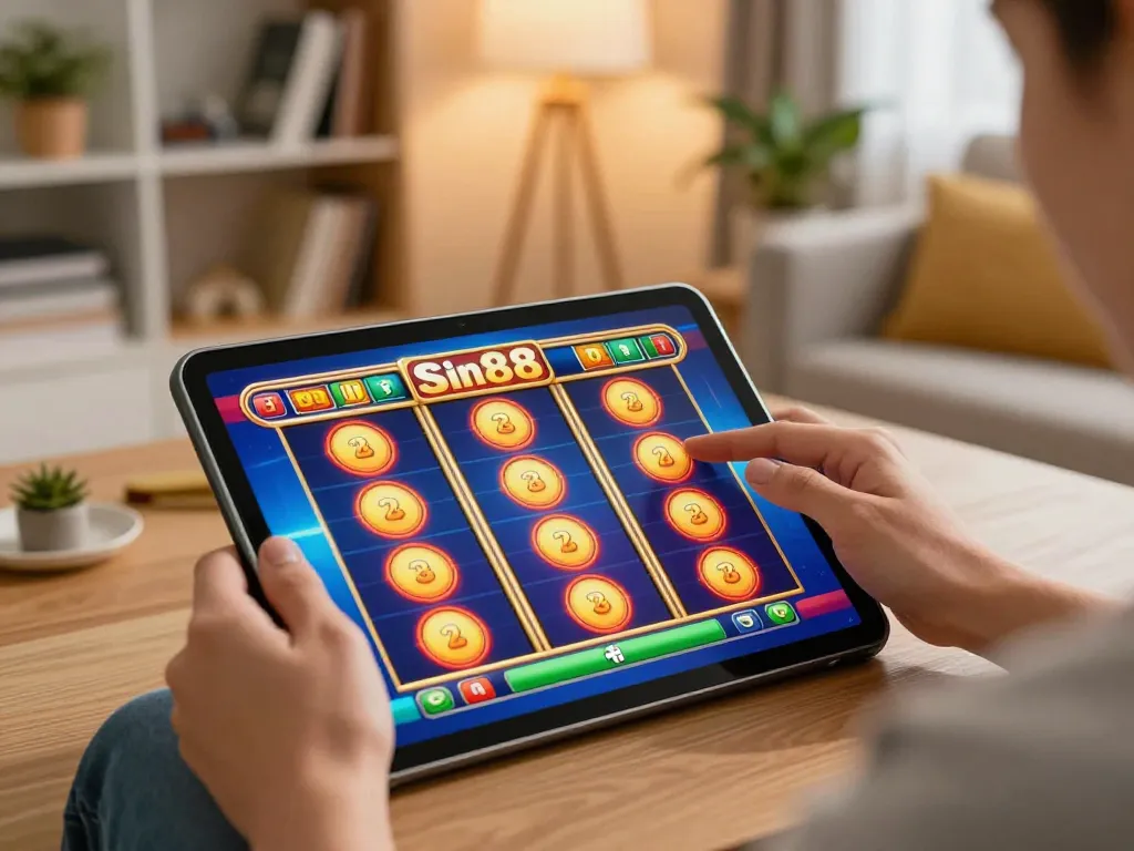 Engaging in sin88 slot gaming on a tablet in a cozy home setting.