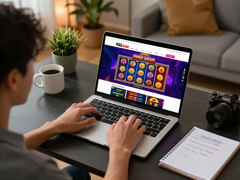 Engaged player exploring nhà cái ko66 online casino on a laptop with colorful game graphics.