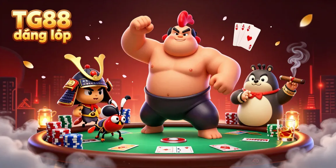 Engage in thrilling action with TG88 đăng nhập at the vibrant casino scene featuring poker, chips, and exciting characters.