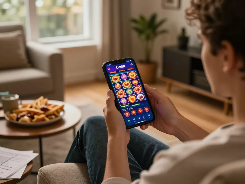 Player exploring LLWIN casino app on a mobile device, enjoying a cozy home gaming atmosphere.