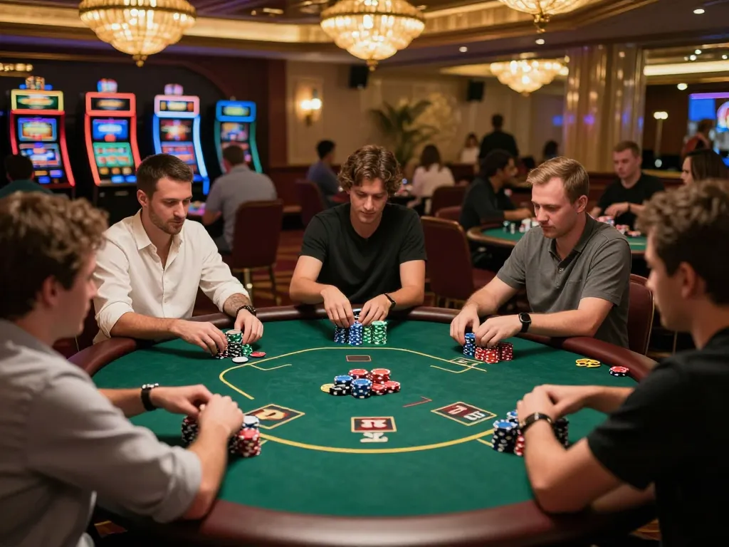 Tg88 players enjoying a thrilling poker game, vibrant casino atmosphere, colorful chips and tense excitement.