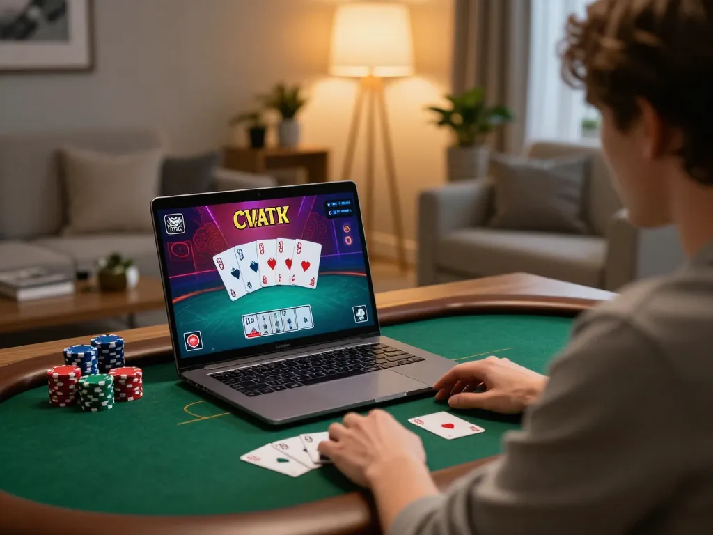 Cổng game Tic88 showcasing a focused player engaging in an online poker game on a laptop at home.