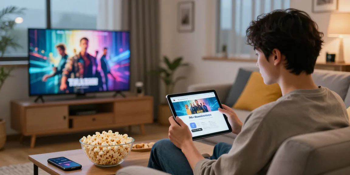 Pikashow APK download scene with a user exploring streaming options on a tablet amidst a cozy living room.