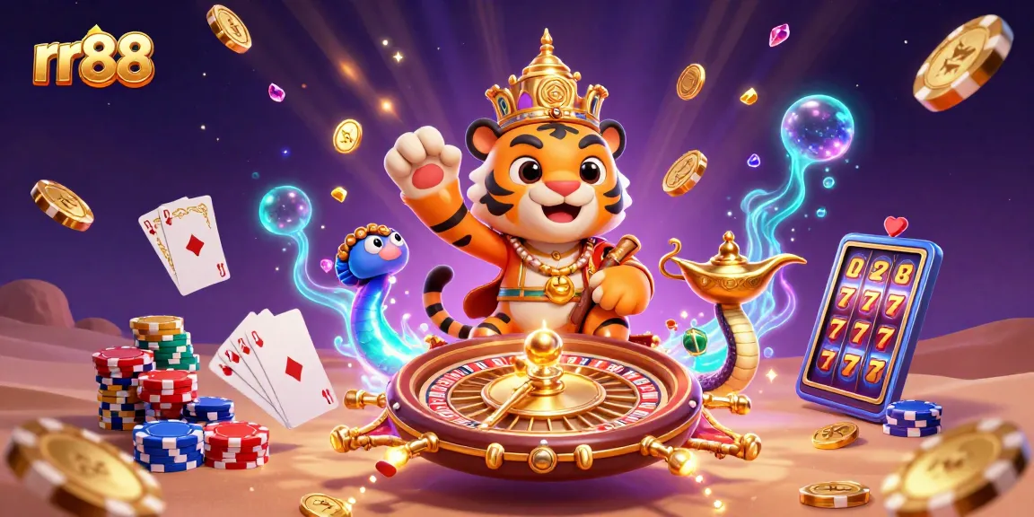 Experience thrill with rr88's vibrant casino scene featuring a magical flying carpet and dazzling gaming elements.