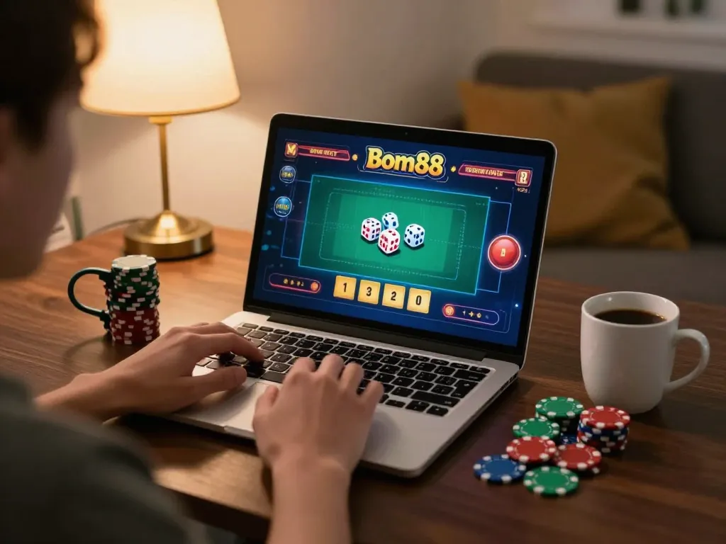 Enjoying Bom88 online casino gaming with engaging dice-roll action on a cozy laptop setup