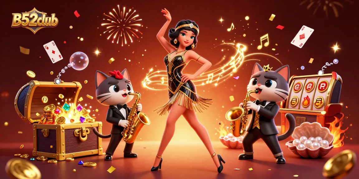 B52club offers an exciting gambling experience with a vibrant casino scene filled with gold coins and slot reels.