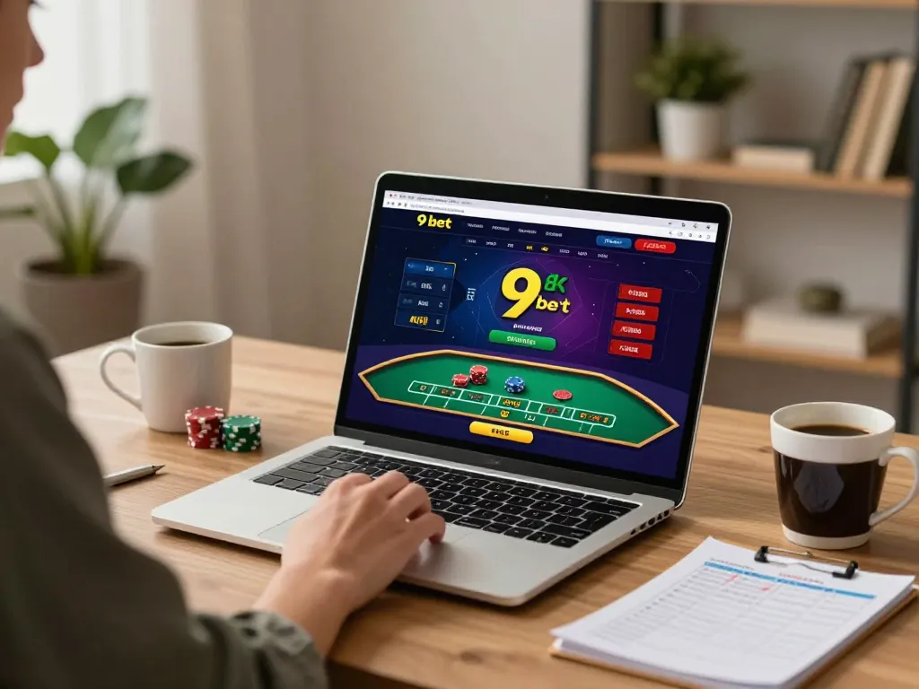 Engaging in 9bet online gaming on a laptop in a cozy home office, showcasing strategic gameplay.