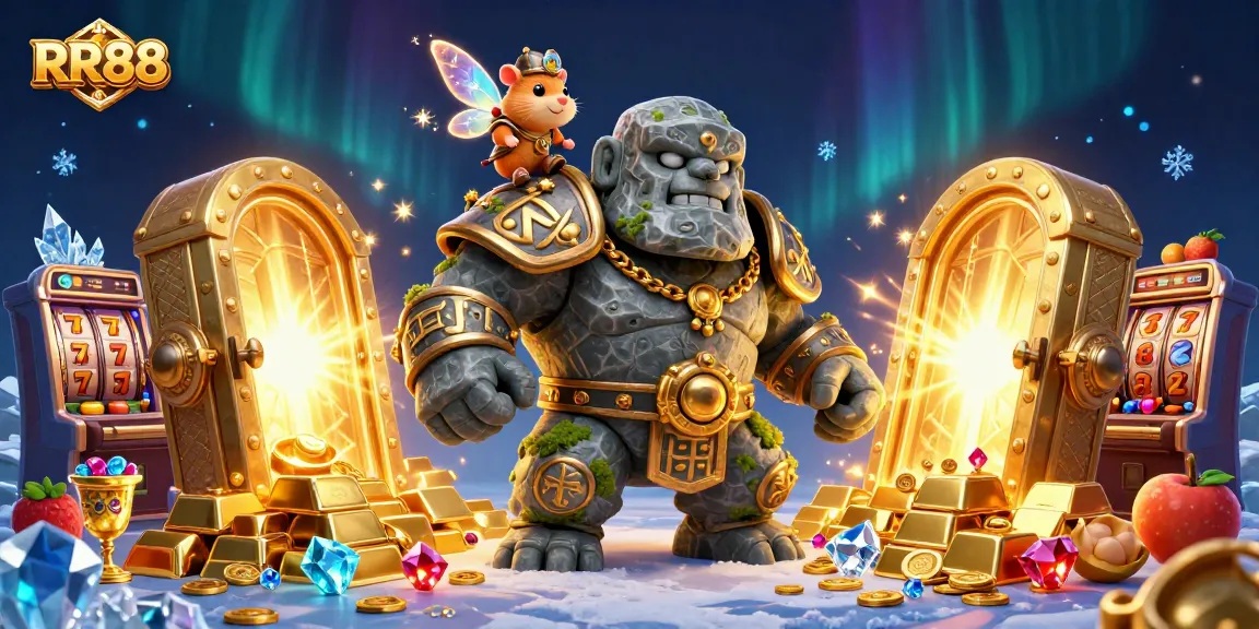 Experience RR88's online casino excitement with a dynamic scene featuring a magical golem, fairy, and hamster knight.