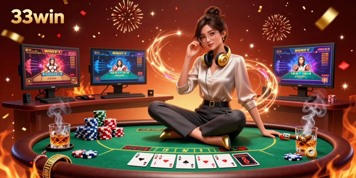 Experience the excitement at 33win with a photorealistic Asian woman gaming amidst colorful casino elements and vibrant celebrations.