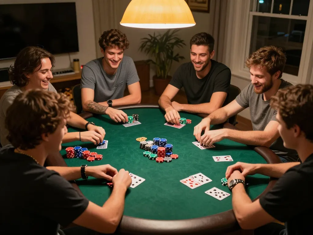 Engaging poker game scene at home demonstrating kkeonhacai strategies among friends for exciting gameplay