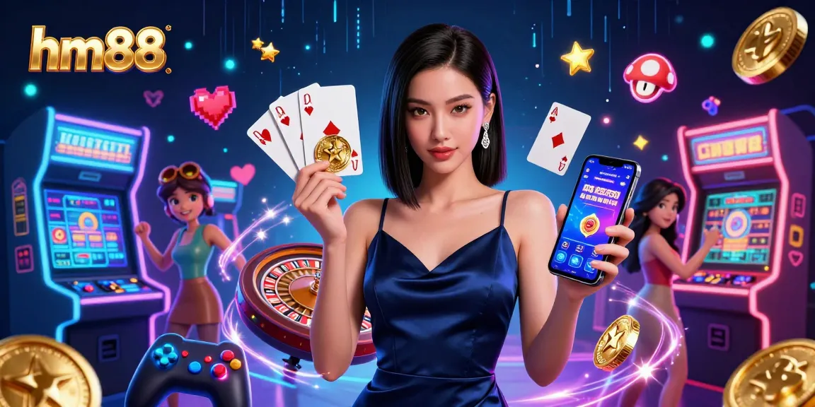 Explore dynamic gameplay at hm88 with a stunning Asian woman showcasing a casino app and golden chip amid vibrant gaming elements.