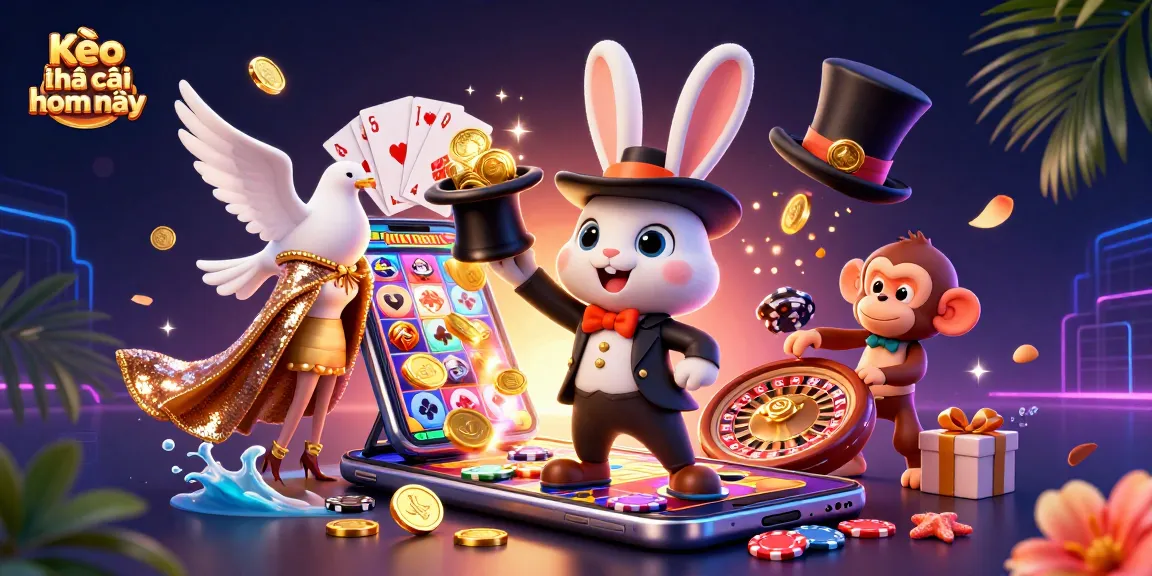 Kèo nhà cái hôm nay showcases a magical gambling scene featuring a rabbit, dove, and monkey amidst casino elements.