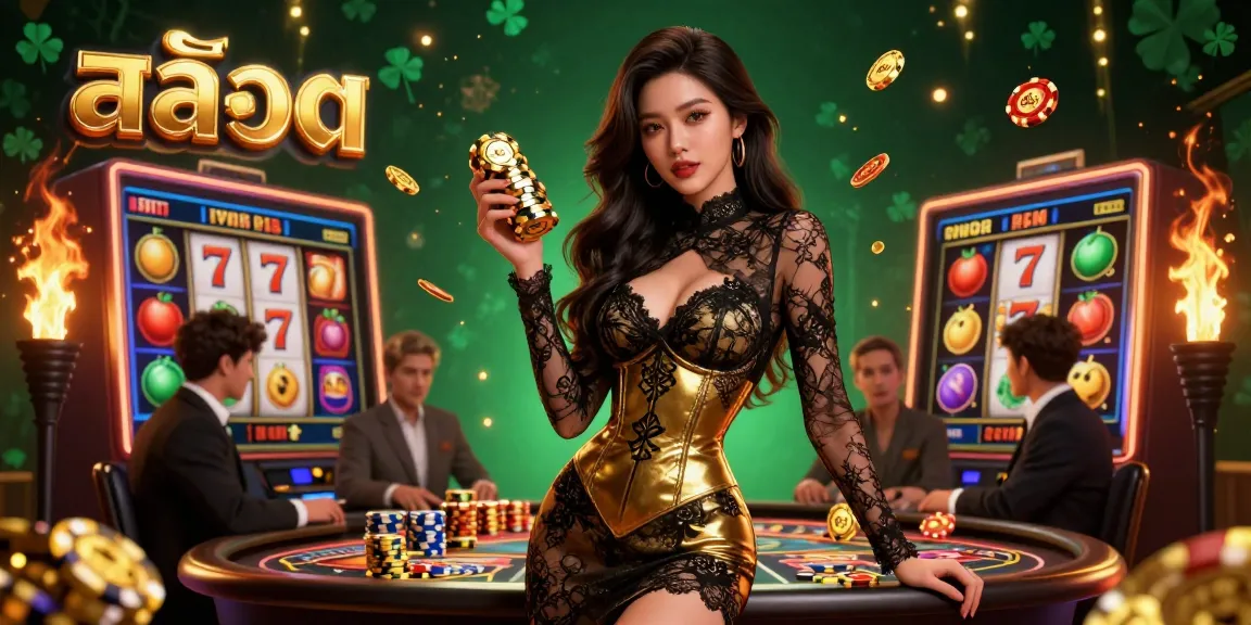 Spin the exciting สล็อต reels with high-value golden chips in a vibrant casino atmosphere.