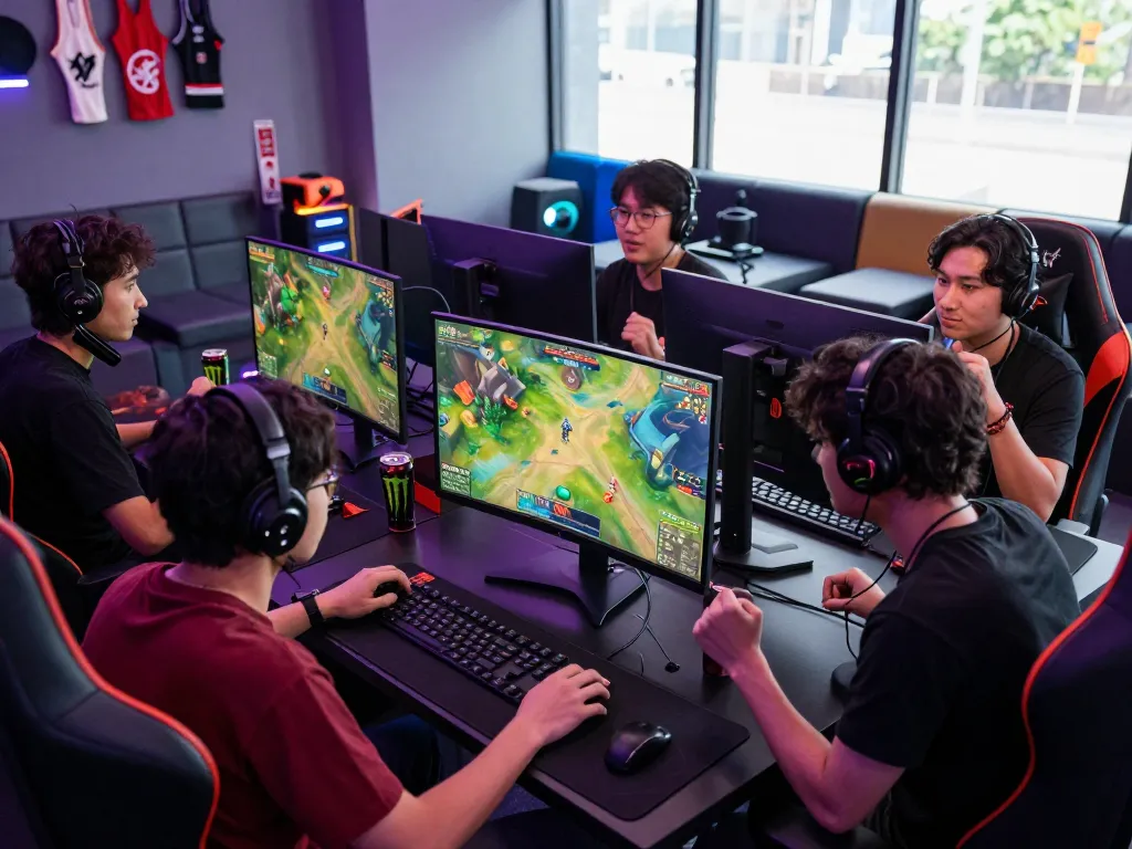 Engaged players experiencing the game 789P in a modern gaming lounge with vibrant lighting and cheering friends.