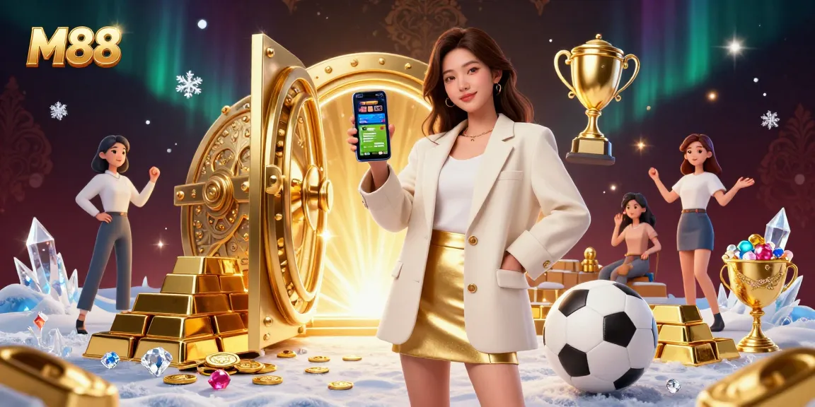 M88 sports betting scene with vibrant Asian woman holding an app, surrounded by gold treasures.