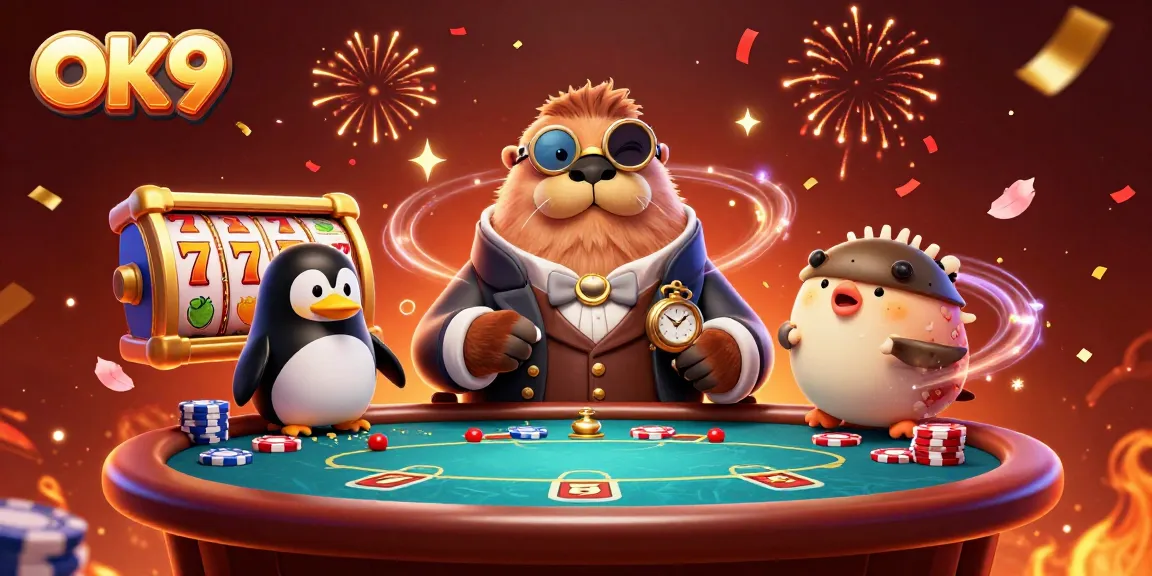 Experience the thrilling spins at OK9's casino, featuring a jolly walrus and a penguin dealer in a vibrant setting.