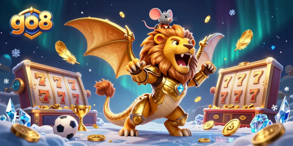 Bet on go8's thrilling slot adventures with a golden chimera and lively gaming elements in this exciting casino scene.