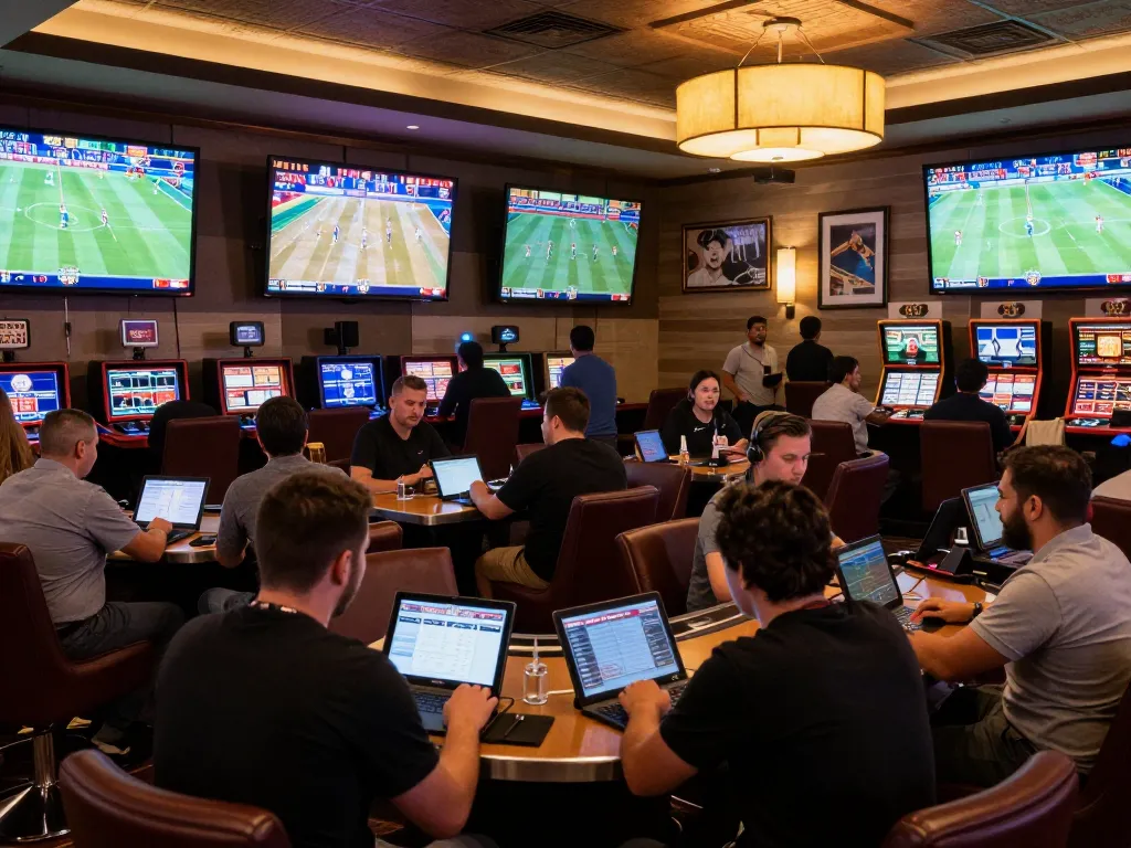 Engaged players analyzing odds on sports betting at cm88-bet lounge, vibrant modern casino atmosphere.