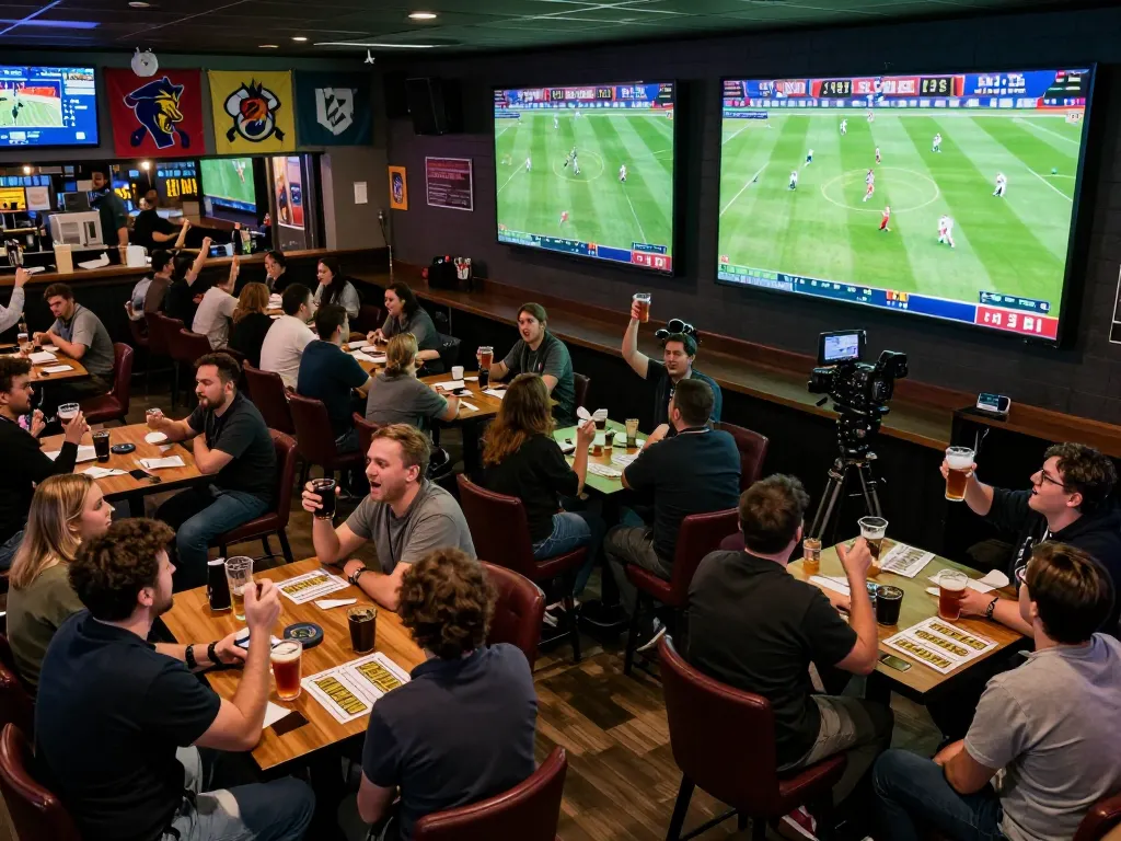 footballl fans engaging in live betting excitement at a vibrant sports bar during match day
