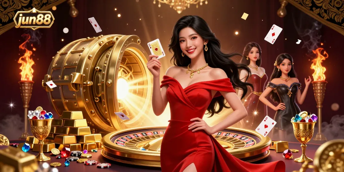 Experience winning moments at jun88 with a stunning Asian woman holding a playing card beside a golden roulette wheel.