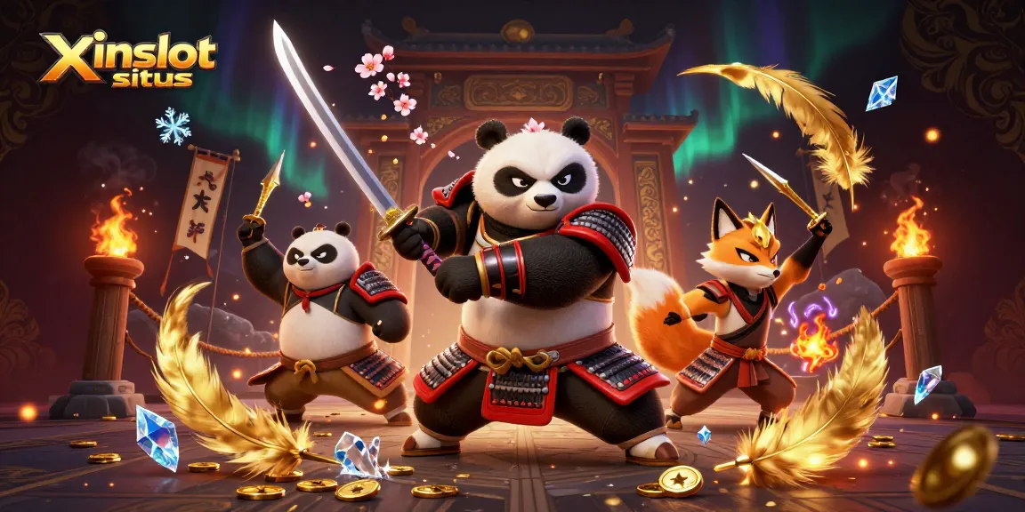 Experience thrilling action at xinslot situs with a vibrant 3D illustration featuring samurai panda and ninja fox.