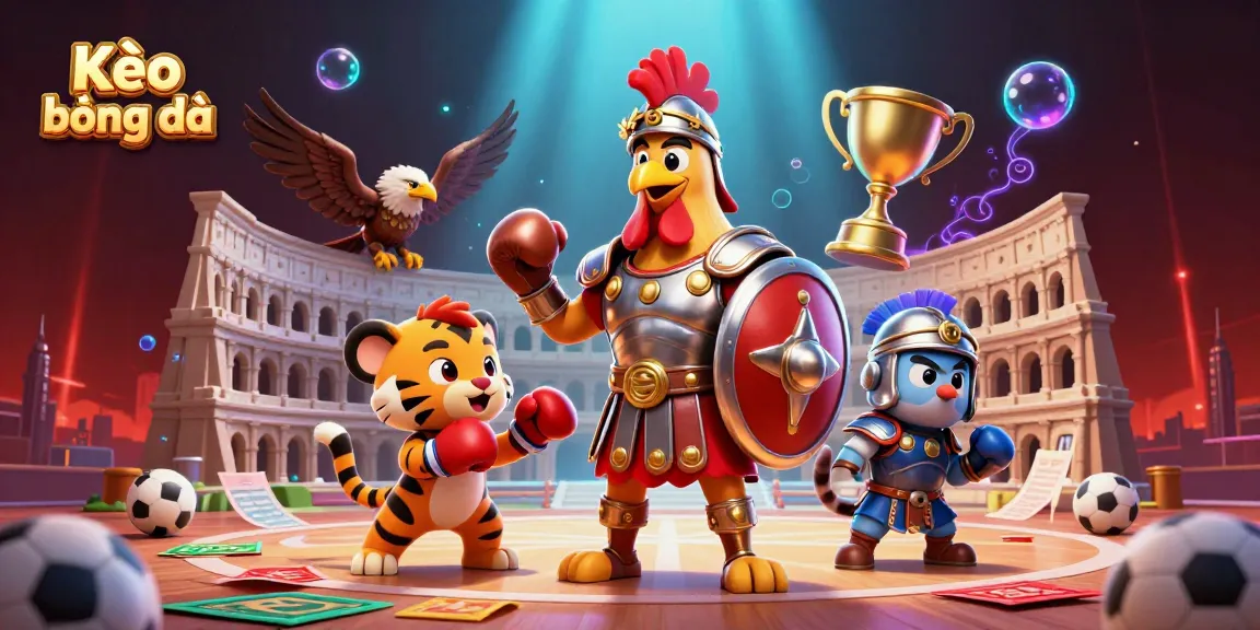 Kèo bóng đá showcases sports themes with a cartoon rooster in armor and a tiger cub in a lively betting scene.