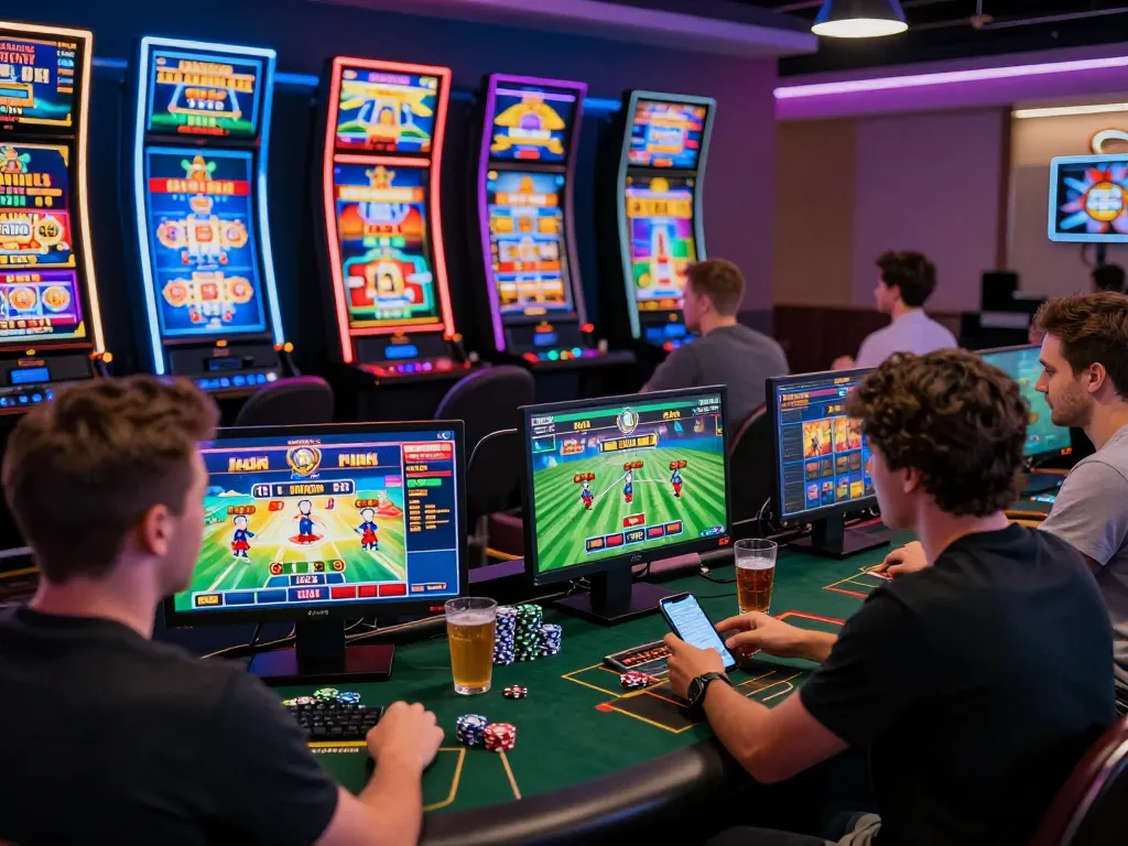 Players engaging with 789Win's online gaming platform, showcasing diverse casino games and a vibrant atmosphere.