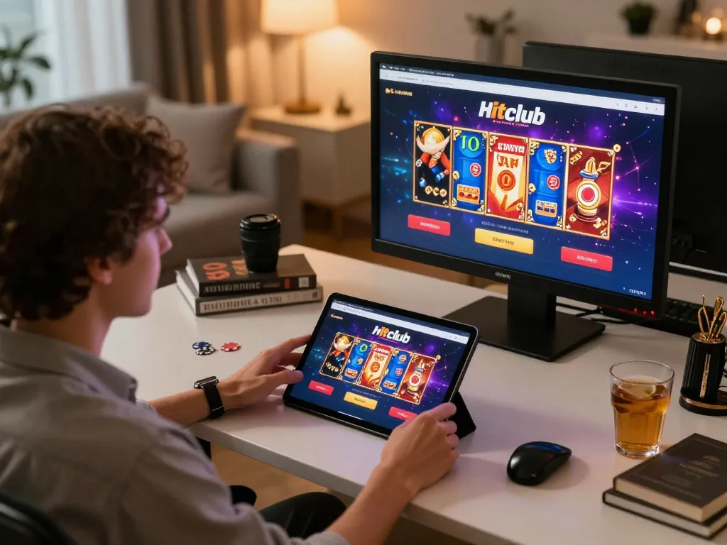 Engaging online gaming experience with Hitclub app on tablet in cozy home office setup