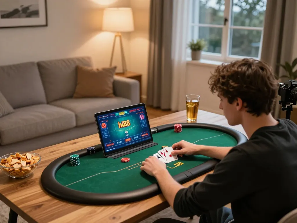 Player enjoying online poker at hi88 on a cozy couch with snacks and drinks.