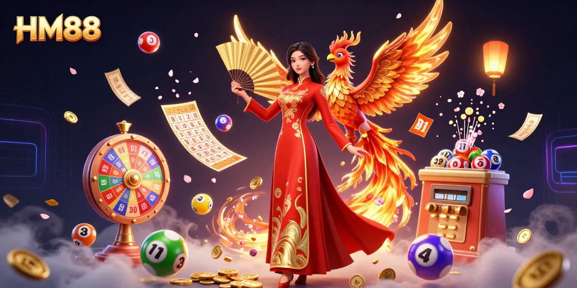 Join HM88 for an exhilarating gaming adventure with vibrant lottery balls, golden tickets, and festive characters.