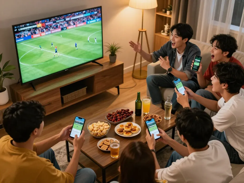 Socolive app being checked during a lively home sports viewing party, showing excitement and engagement.