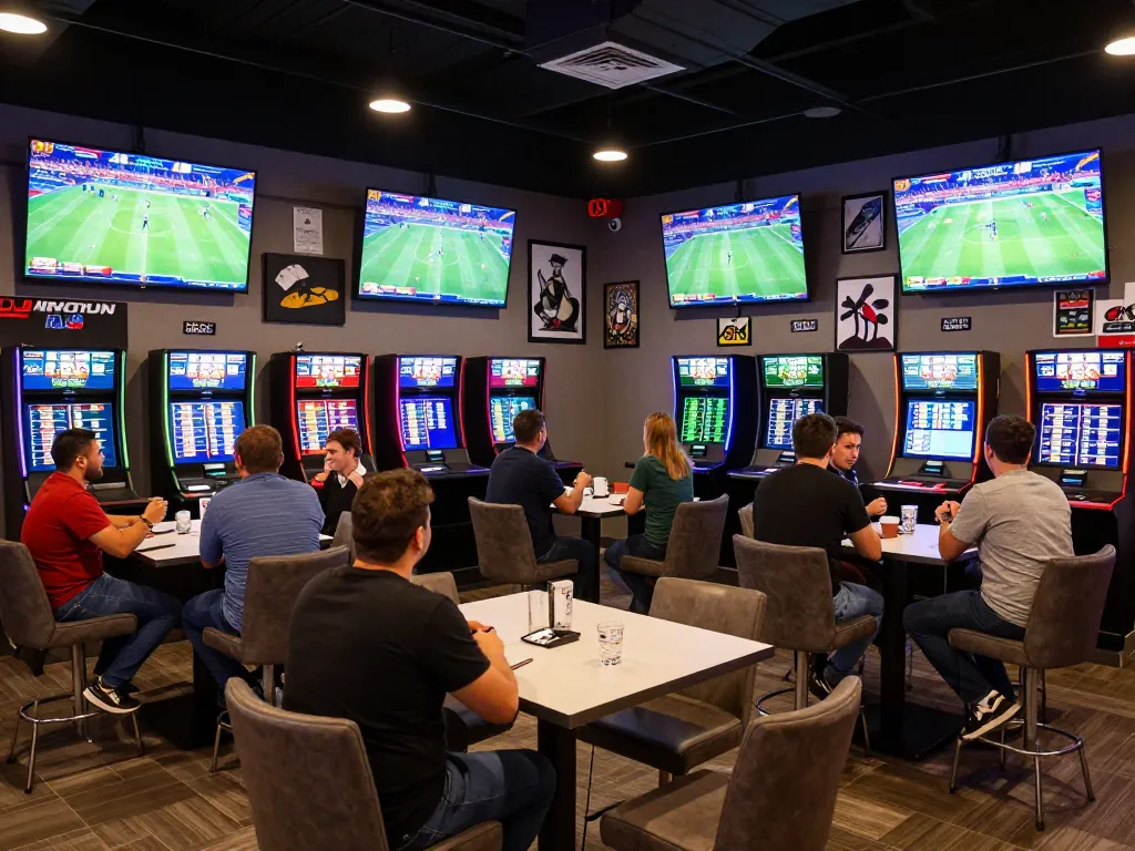 RR88 bettors engaged in dynamic sports betting at lively lounge with multiple screens.