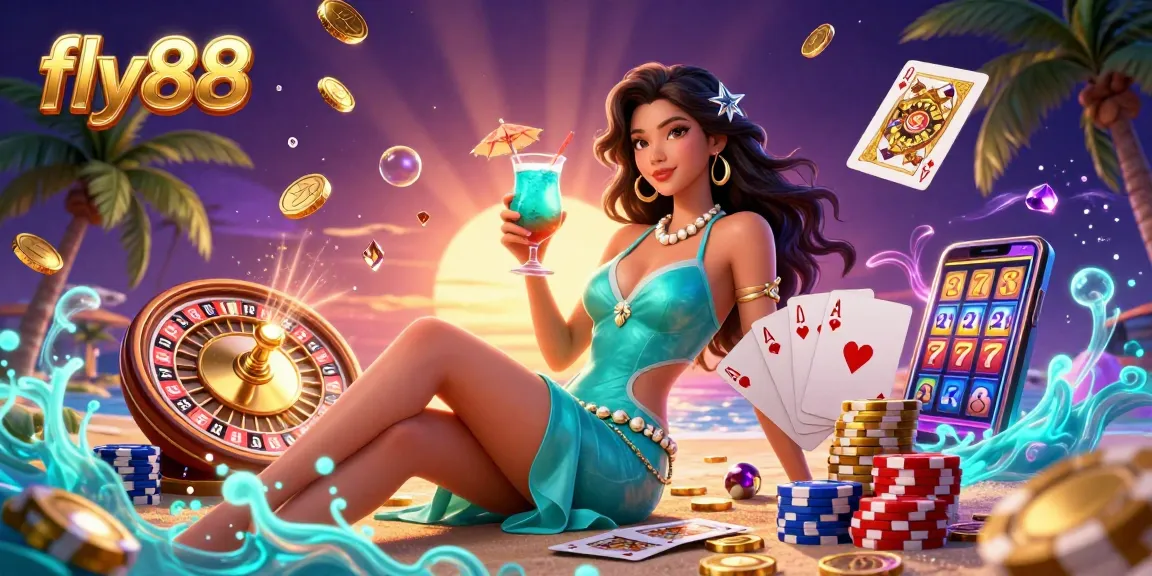 Experience the excitement at fly88 with vibrant casino elements and stunning characters in a dynamic beach scene.