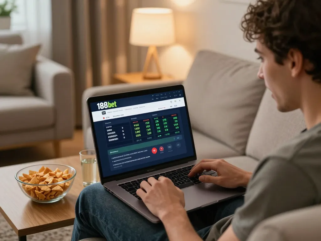 Placing bets through the 188bet link, analyzing sports odds at home with excitement.