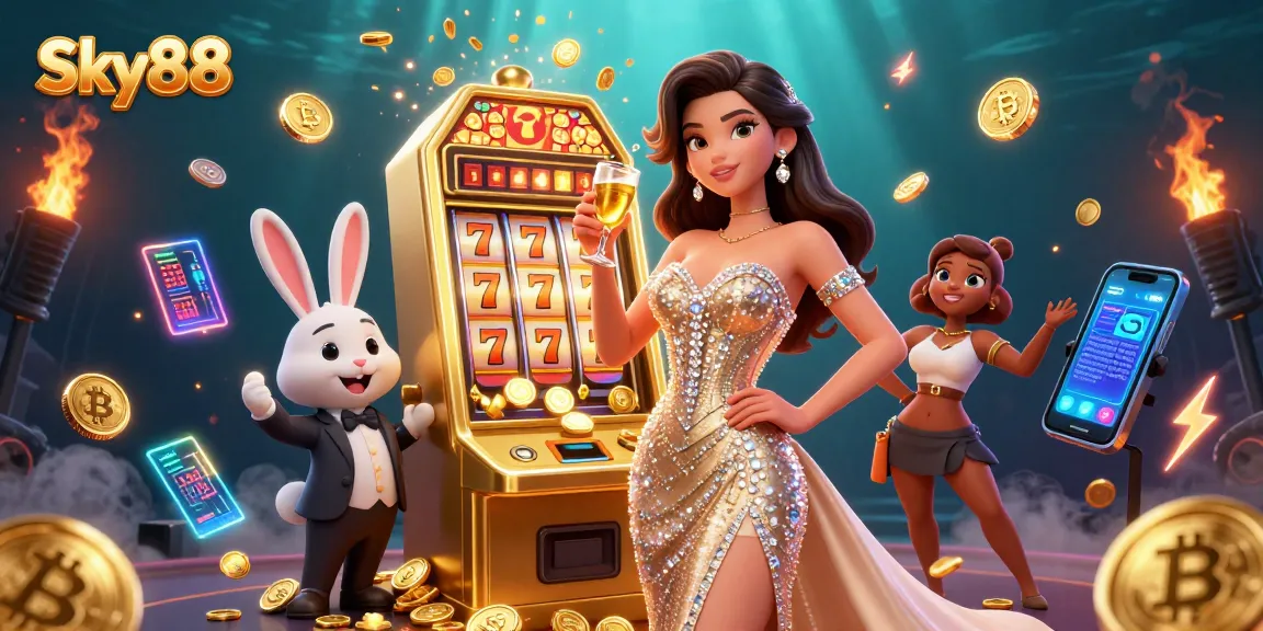 Experience thrilling jackpots and dynamic gameplay at Sky88 casino with a stunning golden scene.