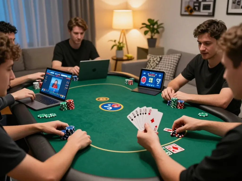 Experience the excitement of sun win poker gameplay during an online session at home with players focused on their screens.