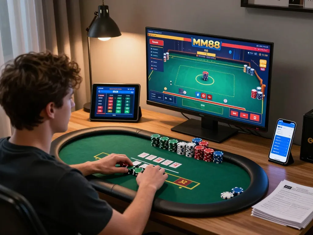 Player engaged in an online poker game on MM88, showcasing an interactive setup with strategy notes.