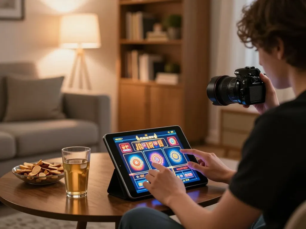 Engaging online gambling moment with fly88 slots game on a tablet in a cozy home setting