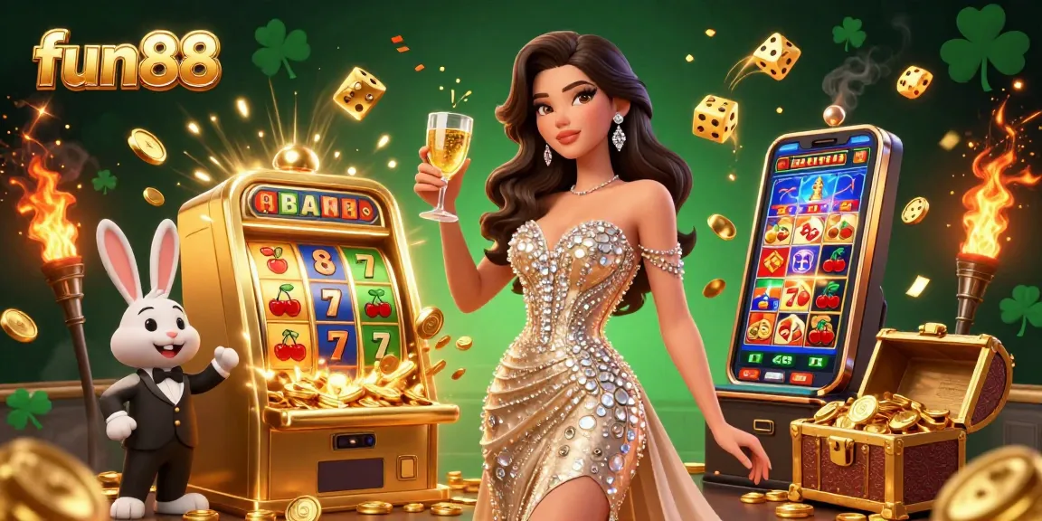 Win big at fun88 with exciting slot machines and jackpots in this vibrant casino illustration.