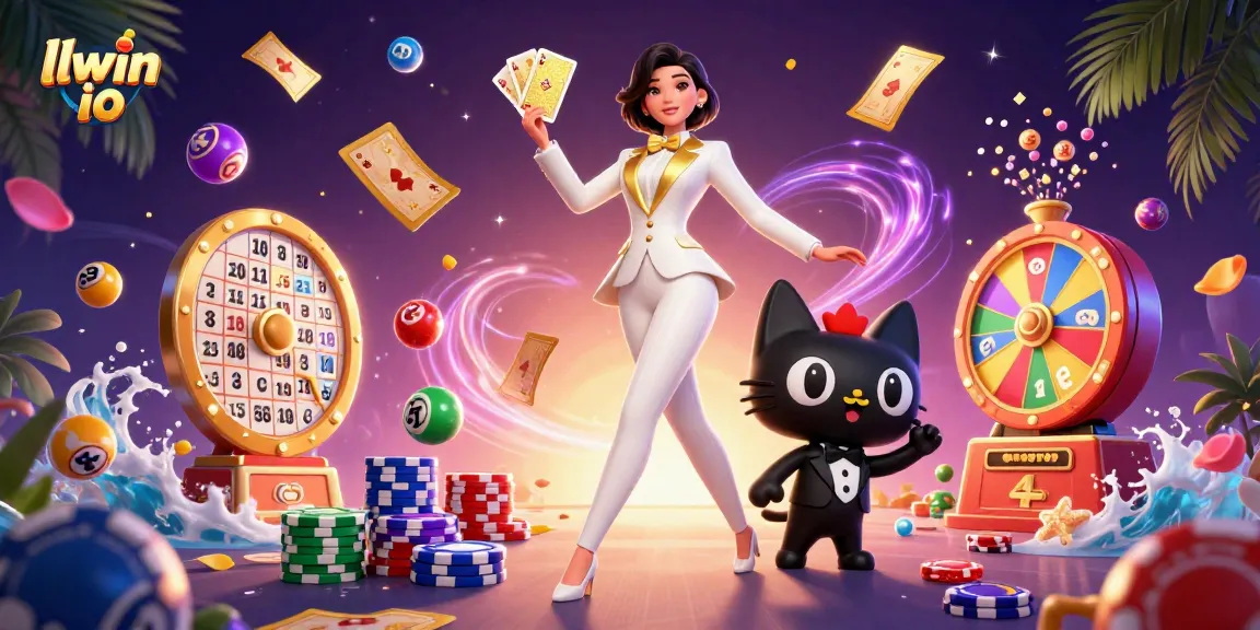 Join the excitement in llwin io as a glamorous dealer shuffles cards amidst vibrant gambling elements.