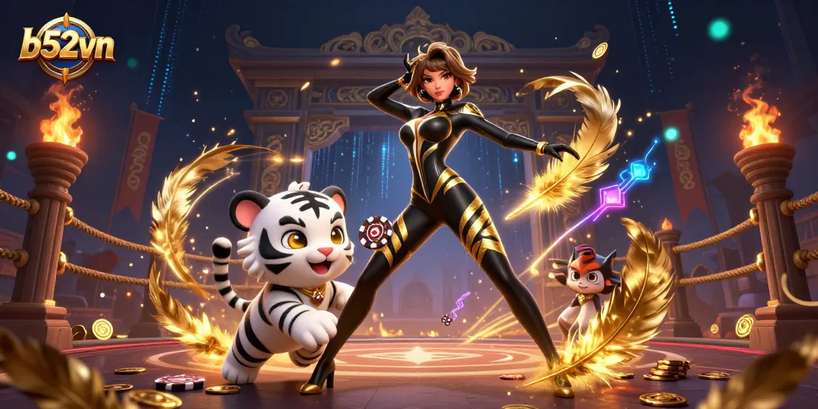 Engage in exhilarating action at b52vn with a vibrant 3D scene illustrating a woman and baby tiger amidst casino elements.