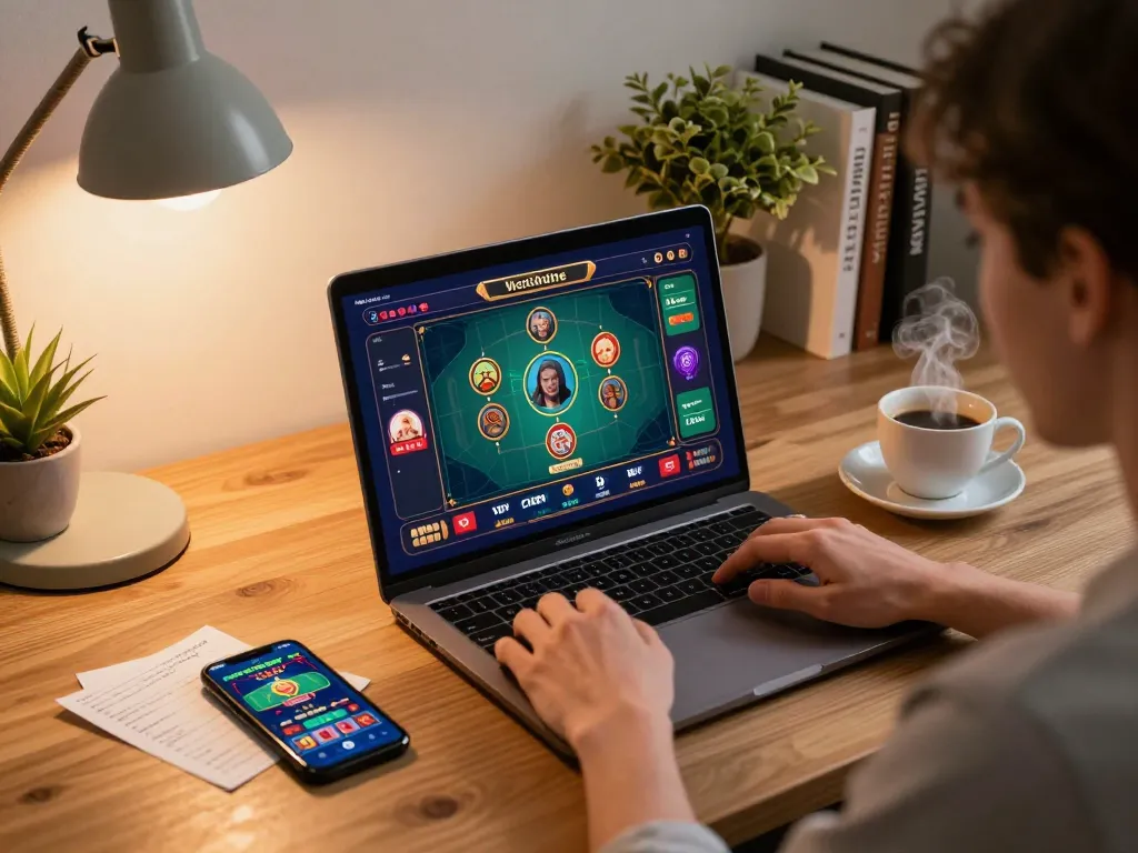Engaged player strategies with nhà cái 79king on laptop in cozy home setup