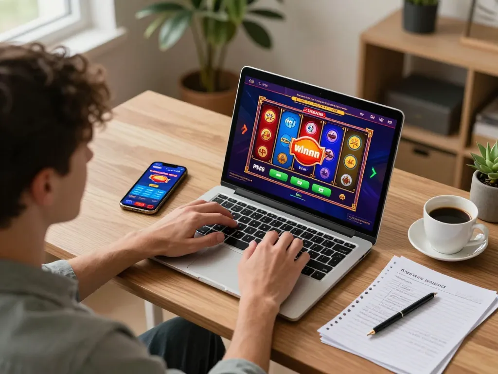 Engaging online gaming session showcasing someone playing slots on a laptop, emphasizing strategic sc88 gameplay.